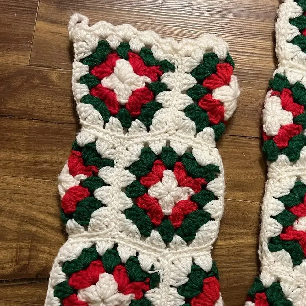 Vintage Lot of 3 Crochet Granny Square Christmas Stockings Red Green White Heels